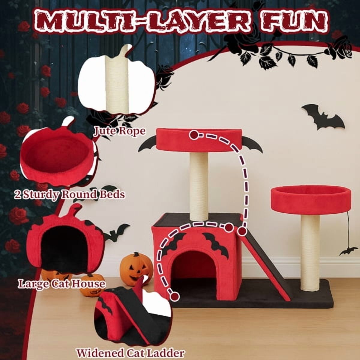 26" Gothic Cat Tree, Cat Tower with Spacious Cat Condo, 2 Padded Perches, Spider Toy, Scratching Posts, Scratching Ladder for Large Cats, Red & Black — product image 11
