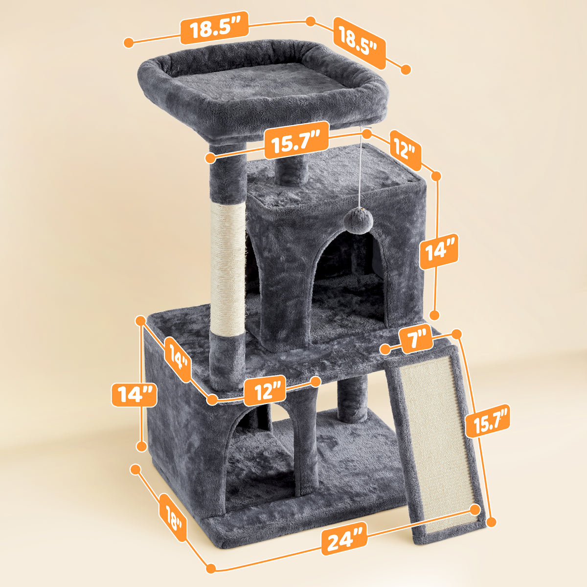 Alden Design 42" Multilevel Cat Tree Tower with Double Condos for Cats Kittens, Dark Gray — product image 10