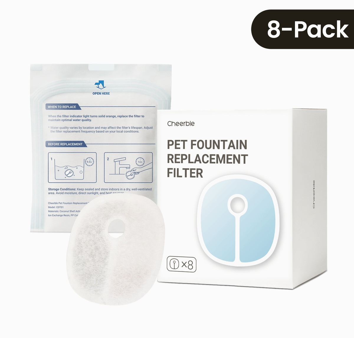 Cheerble Replacement Filter for Elfin E1 Plus Pet Water Fountain (8 Pack)