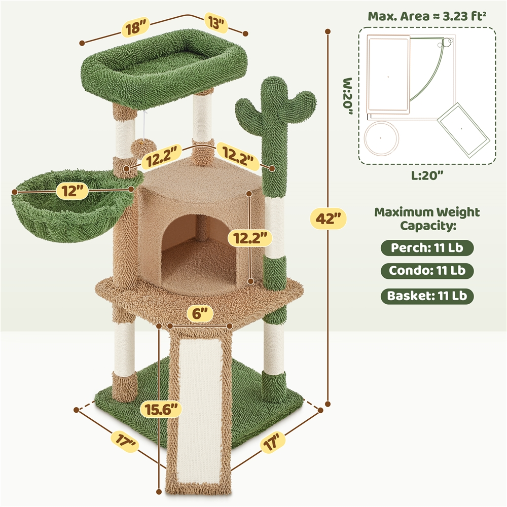 Renwick 42" Height Cactus Cat Tree with Scratching Posts and Platform, Brown/Green — product image 9