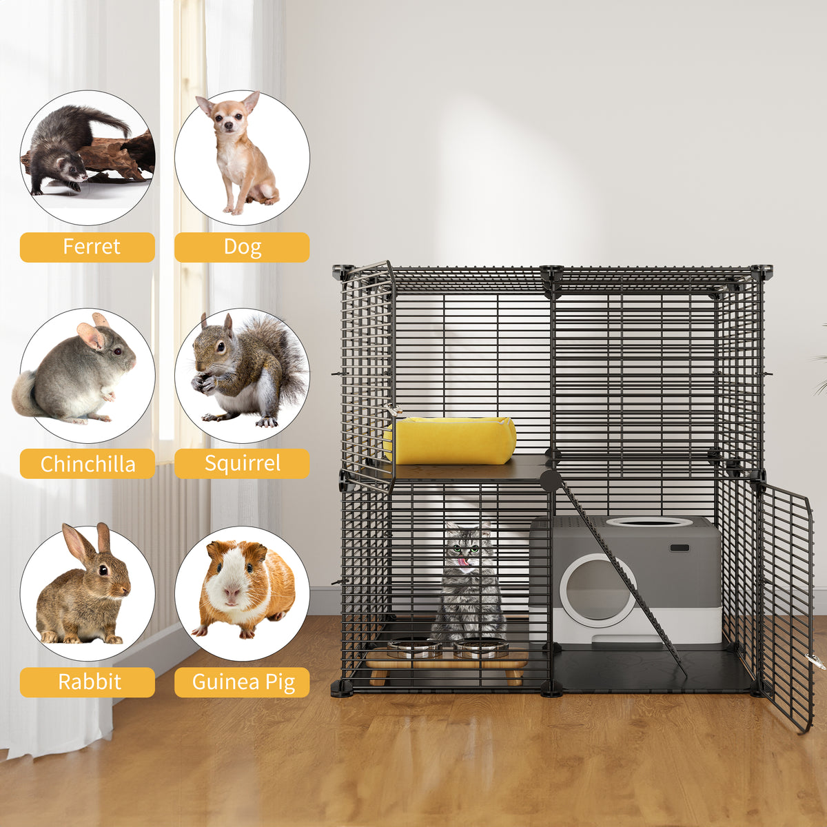 Uforic 2-Tier Cat Cage,Indoor DIY Pet Playpen Metal Cat Kennel for 1-2 Cats, Ferrets, Chinchillas, Rabbits, Kittens,Travel and Camping,28"L x 28"W x 28"H,Black — product image 5