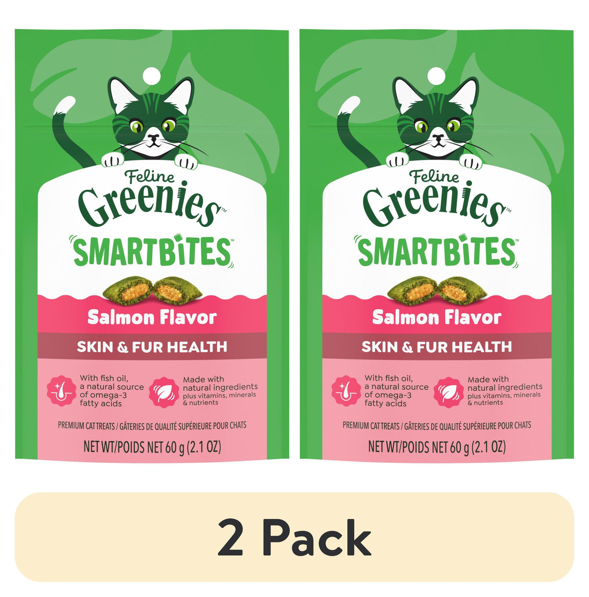 (2 pack) Greenies Feline Smartbites Salmon Flavor Skin & Fur Health Cat Treats, 2.1 oz Pack