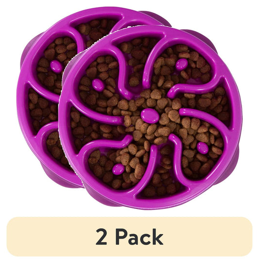(2 pack) Outward Hound Fun Feeder Slo Bowl – Medium 2‑Cup Capacity, Slow Feeding, Small to Medium Dogs & Cats, Non-Slip, Purple, Flower Pattern