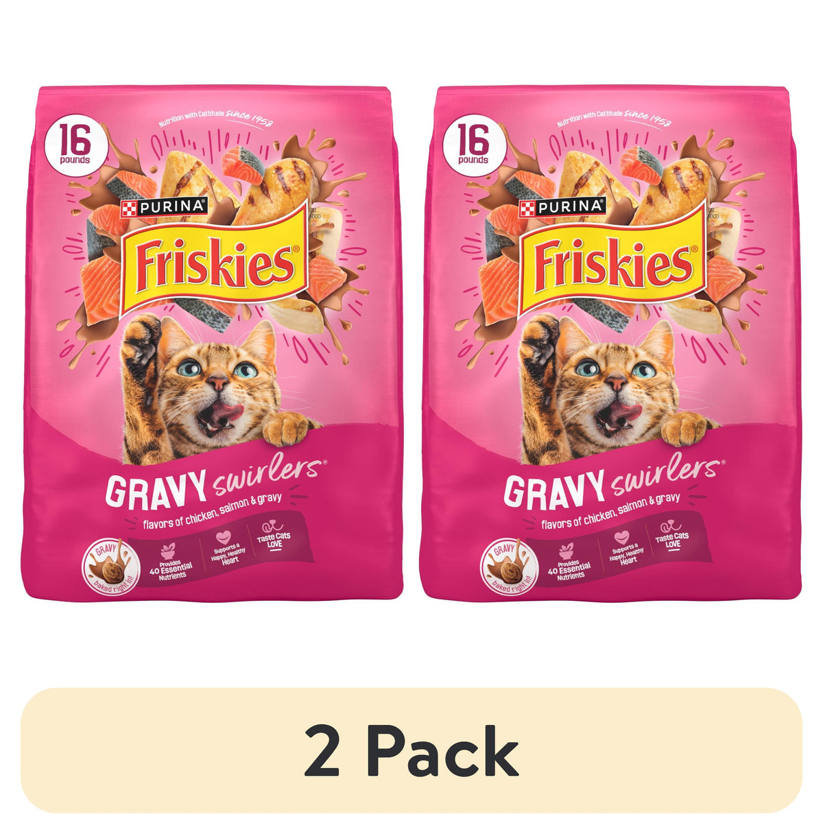 (2 pack) Purina Friskies Dry Cat Food Gravy Swirl'd with Flavors of Chicken, Salmon and Gravy Dry Cat Food, 16 lb Bag