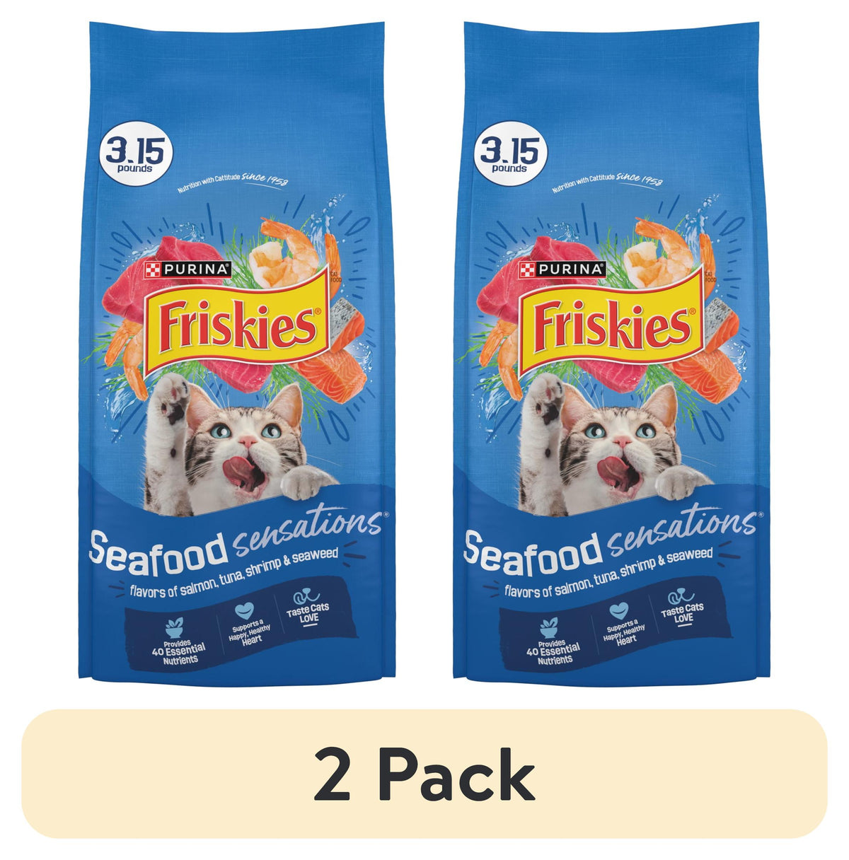 (2 pack) Purina Friskies Dry Cat Food Seafood Sensations with Salmon, Tuna, and Shrimp Flavors, 3.15 lb Bag