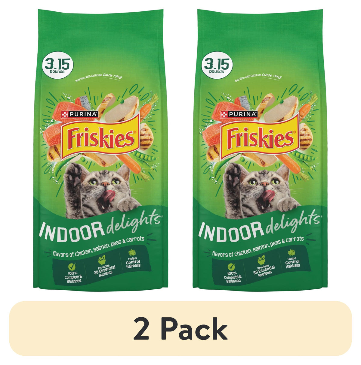 (2 pack) Purina Friskies Indoor Delights Dry Cat Food Flavors of Chicken, Salmon, Peas, and Carrots, 3.15 lb Bag