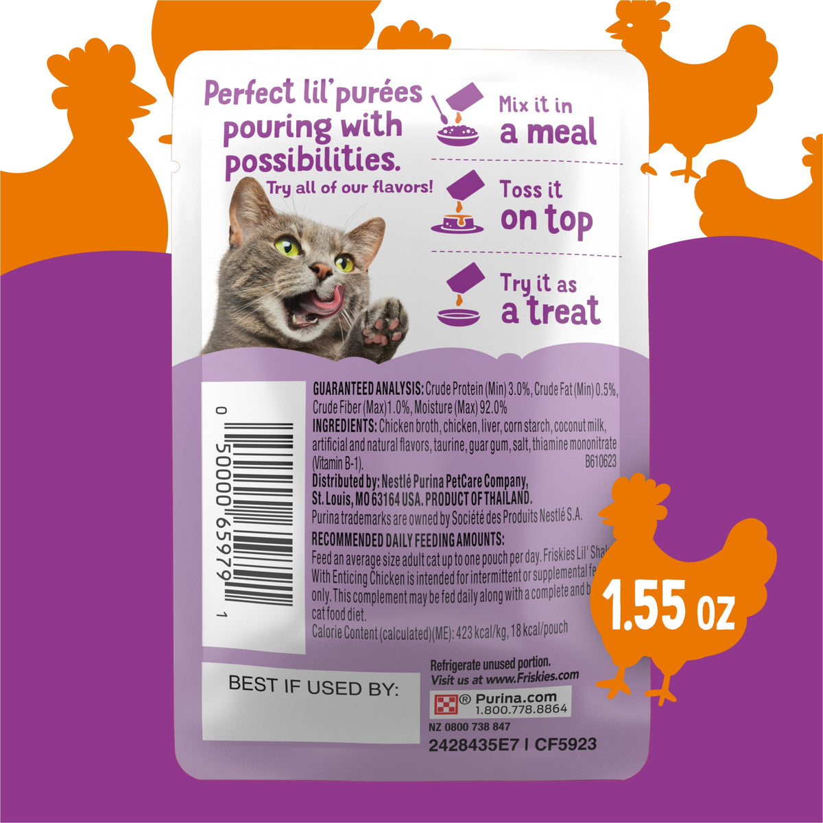 (2 pack) Purina Friskies Pureed Cat Food Toppers, Lil’ Shakes with Enticing Chicken Lickable Cat Treats, 1.55 oz Pouch — product image 4