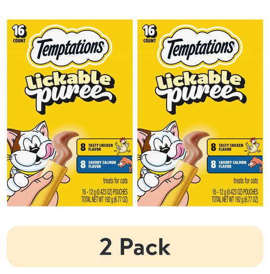 (2 pack) Temptations Creamy Puree Salmon and Chicken Flavor Crunchy Treats for Cats, 6.7 oz Pouches (16 Pack)