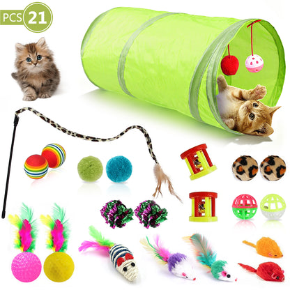 21Pcs Cat Toys Kitten Toys, Interactive Kitten Toys for Indoor Cats, Variety Catnip Toys with Collapsible Cat Tunnel, Cat Toy Balls, Cat Wand