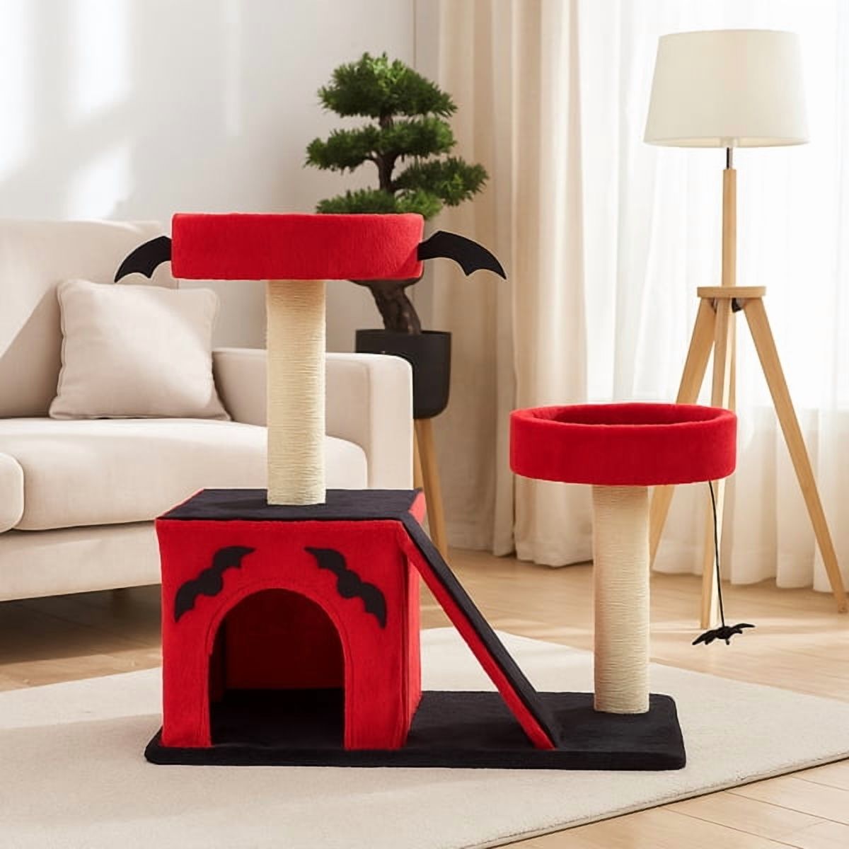 26" Gothic Cat Tree, Cat Tower with Spacious Cat Condo, 2 Padded Perches, Spider Toy, Scratching Posts, Scratching Ladder for Large Cats, Red & Black — product image 10