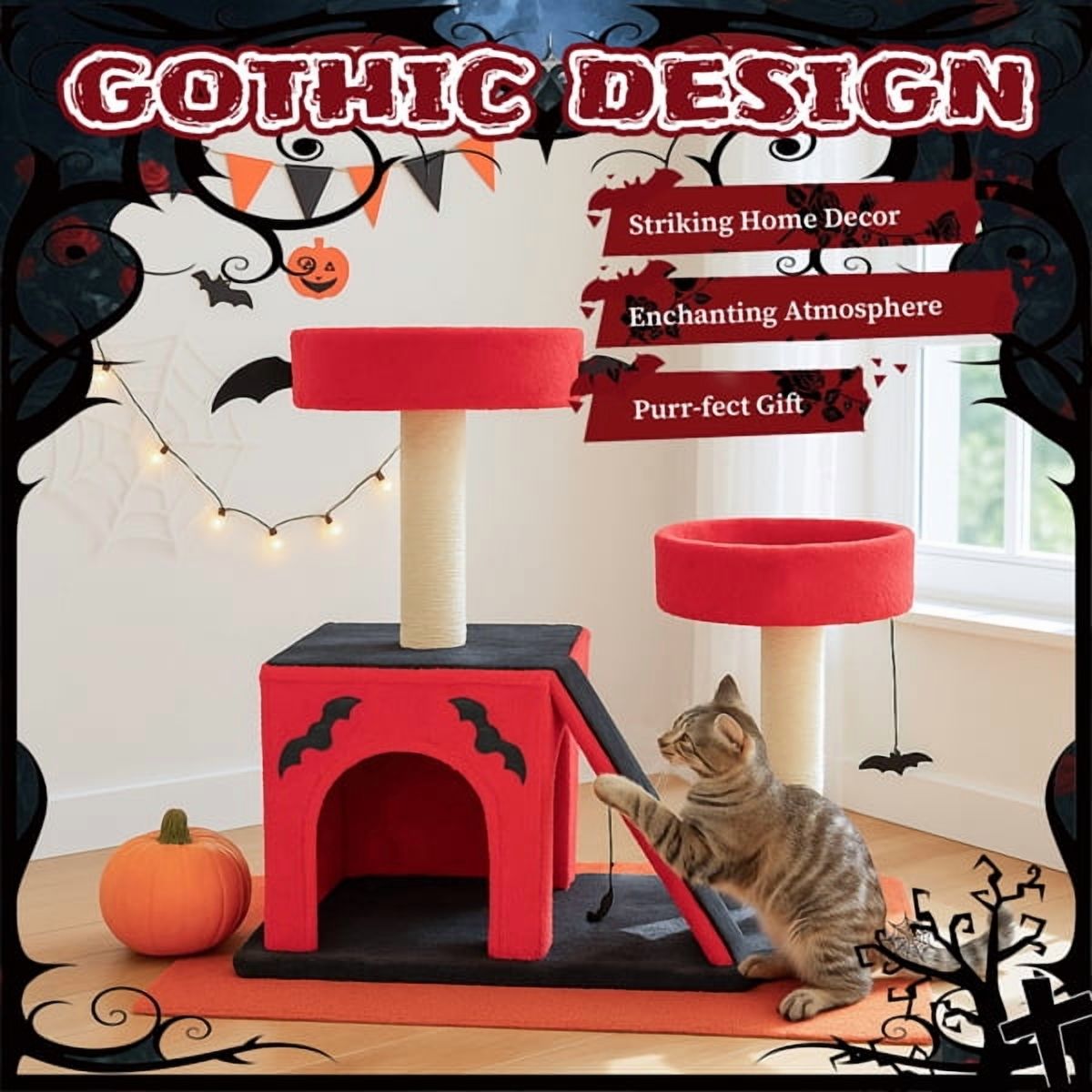 26" Gothic Cat Tree, Cat Tower with Spacious Cat Condo, 2 Padded Perches, Spider Toy, Scratching Posts, Scratching Ladder for Large Cats, Red & Black — product image 4