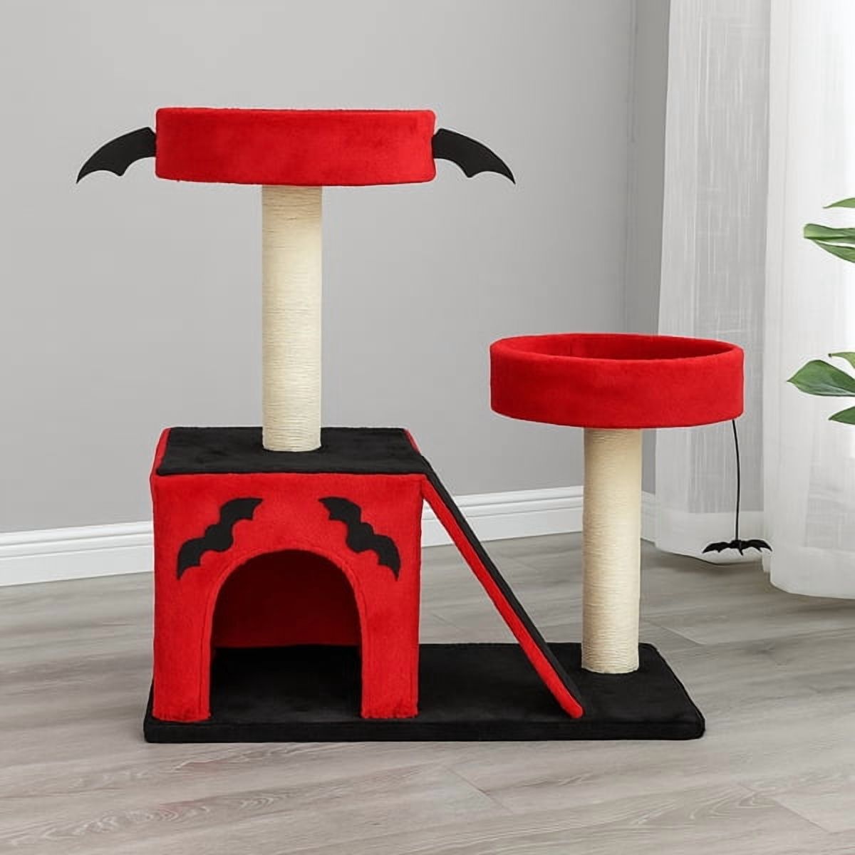 26" Gothic Cat Tree, Cat Tower with Spacious Cat Condo, 2 Padded Perches, Spider Toy, Scratching Posts, Scratching Ladder for Large Cats, Red & Black — product image 5
