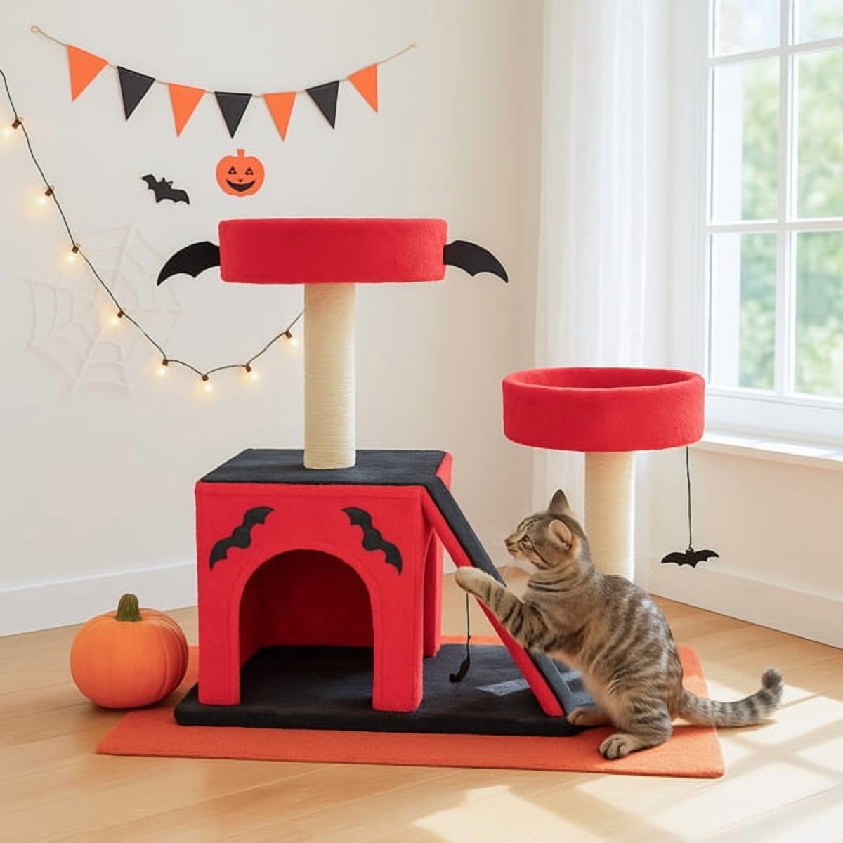 26" Gothic Cat Tree, Cat Tower with Spacious Cat Condo, 2 Padded Perches, Spider Toy, Scratching Posts, Scratching Ladder for Large Cats, Red & Black — product image 6