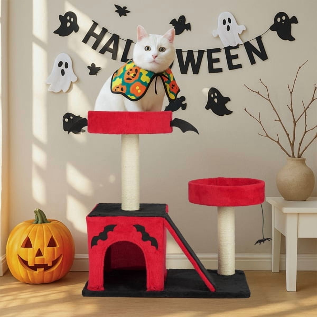 26" Gothic Cat Tree, Cat Tower with Spacious Cat Condo, 2 Padded Perches, Spider Toy, Scratching Posts, Scratching Ladder for Large Cats, Red & Black — product image 7