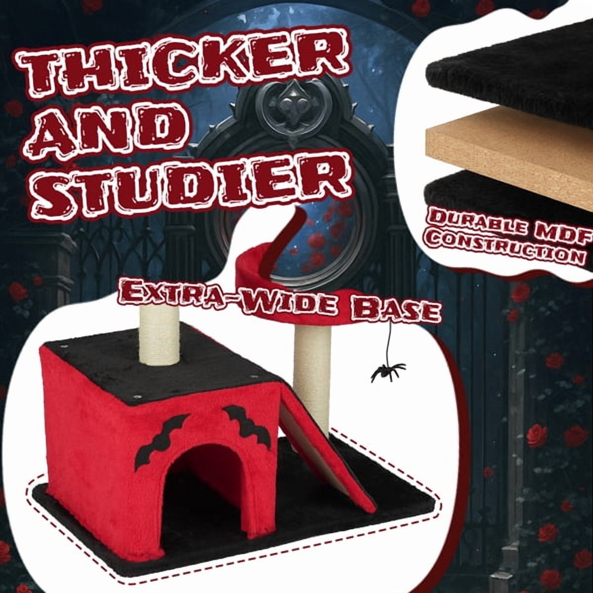 26" Gothic Cat Tree, Cat Tower with Spacious Cat Condo, 2 Padded Perches, Spider Toy, Scratching Posts, Scratching Ladder for Large Cats, Red & Black — product image 8