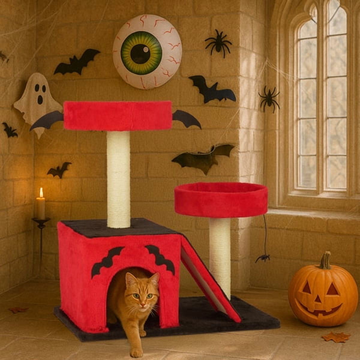 26" Gothic Cat Tree, Cat Tower with Spacious Cat Condo, 2 Padded Perches, Spider Toy, Scratching Posts, Scratching Ladder for Large Cats, Red & Black — product image 9