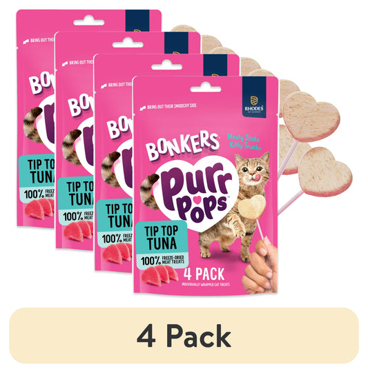 (4 pack) BONKERS Purrpops, Freeze Dried Tuna Flavored Lollipop Cat Treats, 4 Pieces