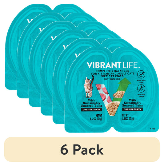 (6 pack) Vibrant Life Tuna Cuts in Gravy Wet Cat Food, Grain-Free, 2.64 oz Premium Portions Split Tray