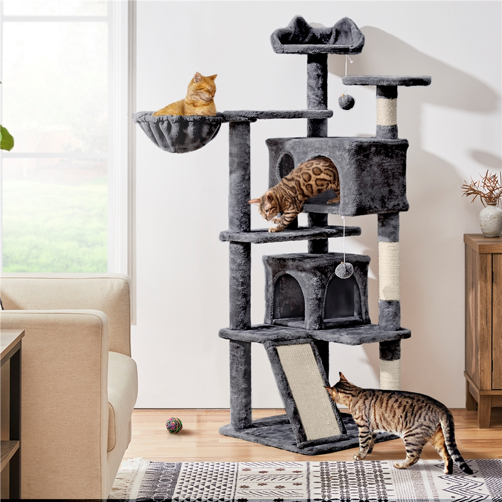 Alden Design 57.5" Double Condo Cat Tree Tower with Scratching Post , Dark Gray — product image 2