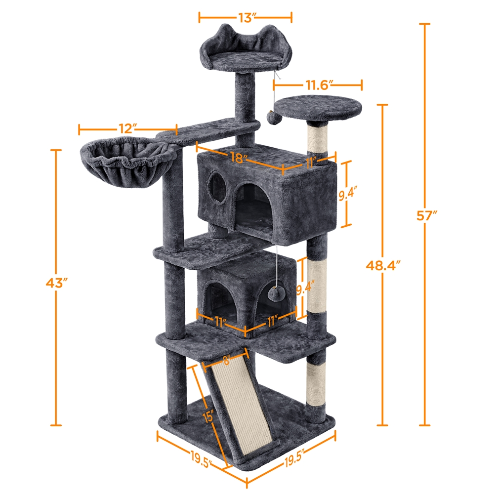 Alden Design 57.5" Double Condo Cat Tree Tower with Scratching Post , Dark Gray — product image 3