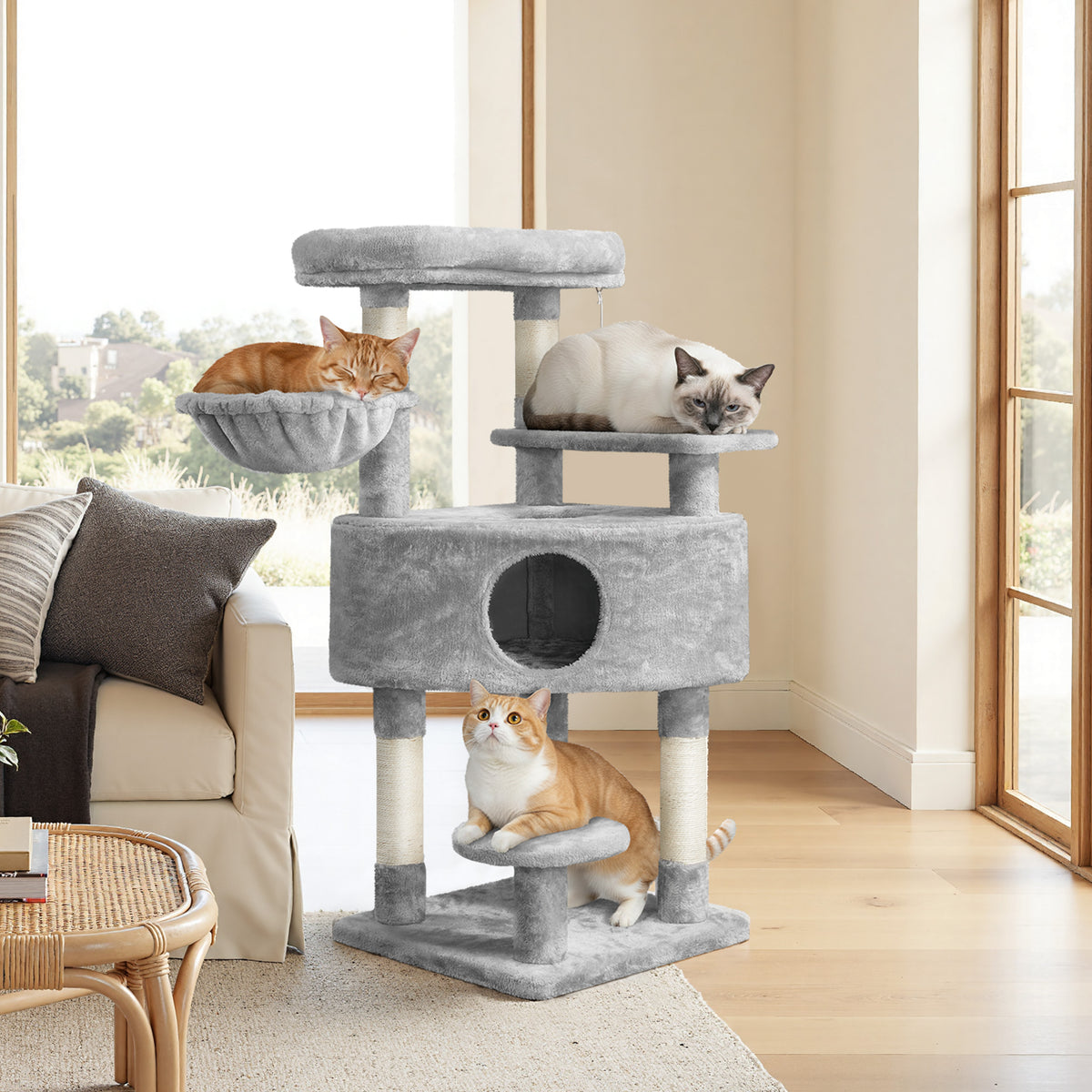Alden Design Multilevel Cat Tree Basket Condo Scratching Posts, Light Gray — product image 2