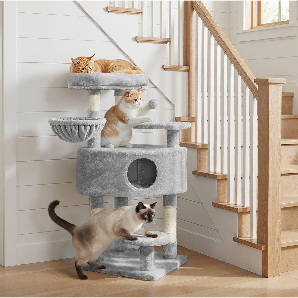 Alden Design Multilevel Cat Tree Basket Condo Scratching Posts, Light Gray — product image 3