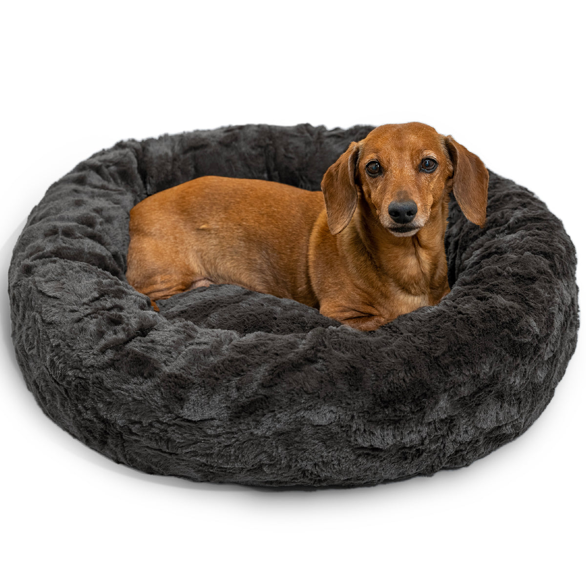 Best Friends by Sheri Original Calming Donut Dog and Cat Bed, Lux Faux Fur, Mink Dark Gray, (23in x 23in) - Anxiety Relief for Pets Up to 25 lbs