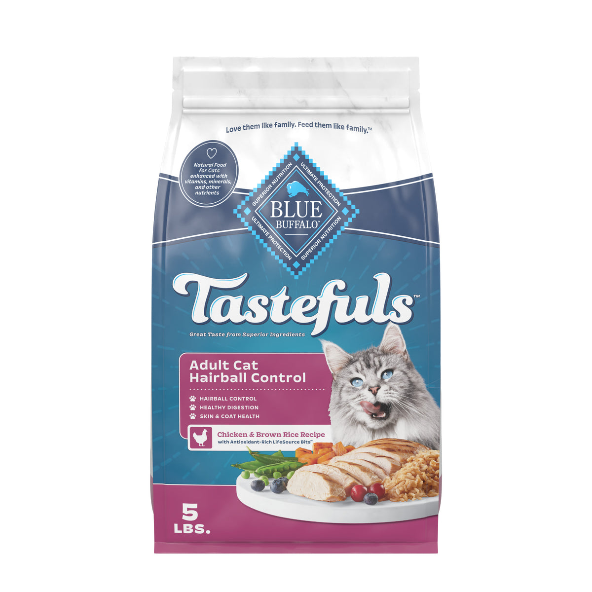 Blue Buffalo Tastefuls Adult Cat Hairball Control Dry Food, Chicken & Brown Rice, 5lb