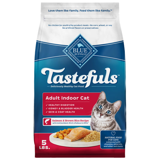 Blue Buffalo Tastefuls Dry Food, Adult Indoor Cat, Salmon and Brown Rice, 5-lb. Bag