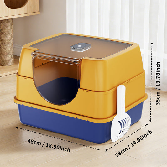 Cat Litter Box, Enclosed Hooded Litter Box with Transparent Lid, Activated Carbon Odor Control, Splash & Dog Proof, Includes Litter Scoop, Double-Layer Mat and Plastic Bottom Basin
