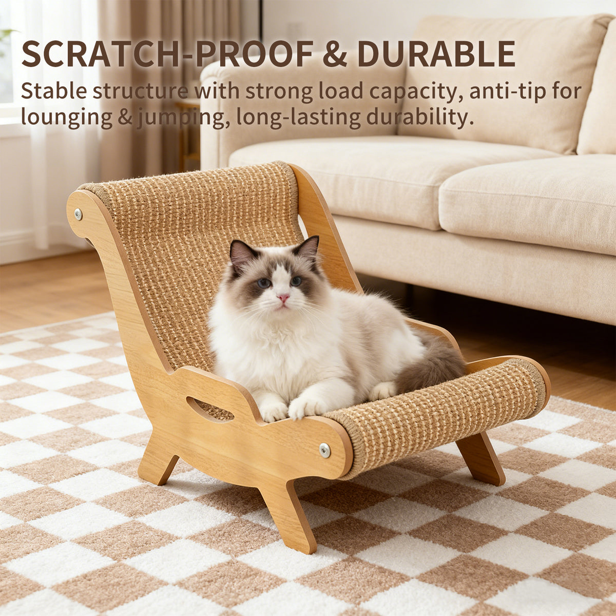 Cat Scratcher Lounge Chair, 2 in 1 Wooden Hammock Bed With Woven Scratching Surface for Kittens Dog — product image 6