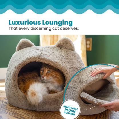 Catstages Meow Hut, Covered Cat Bed Cave for Indoor Cats, Cozy Enclosed with Removable Cushion, 16.9” x 15” x 15.8”, For Small Pets Up to 15 lbs, Tan, Small — product image 3