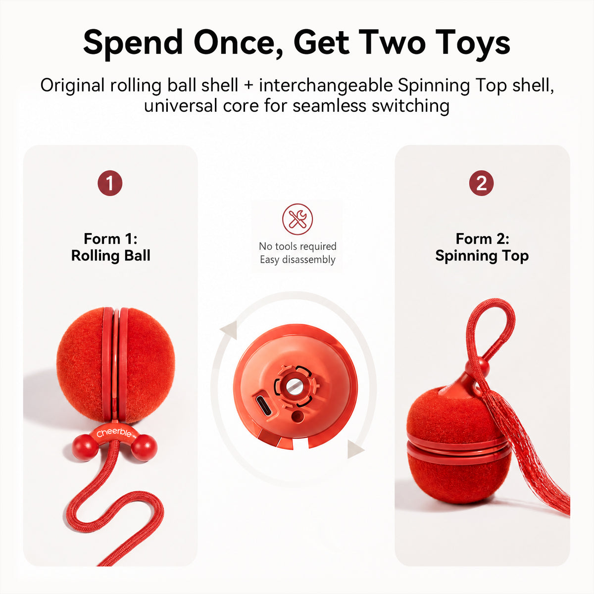 Cheerble Wicked Ball Duo2 Automatic Interactive Cat Toy with Tail & LED Light, Vintage Red — product image 2