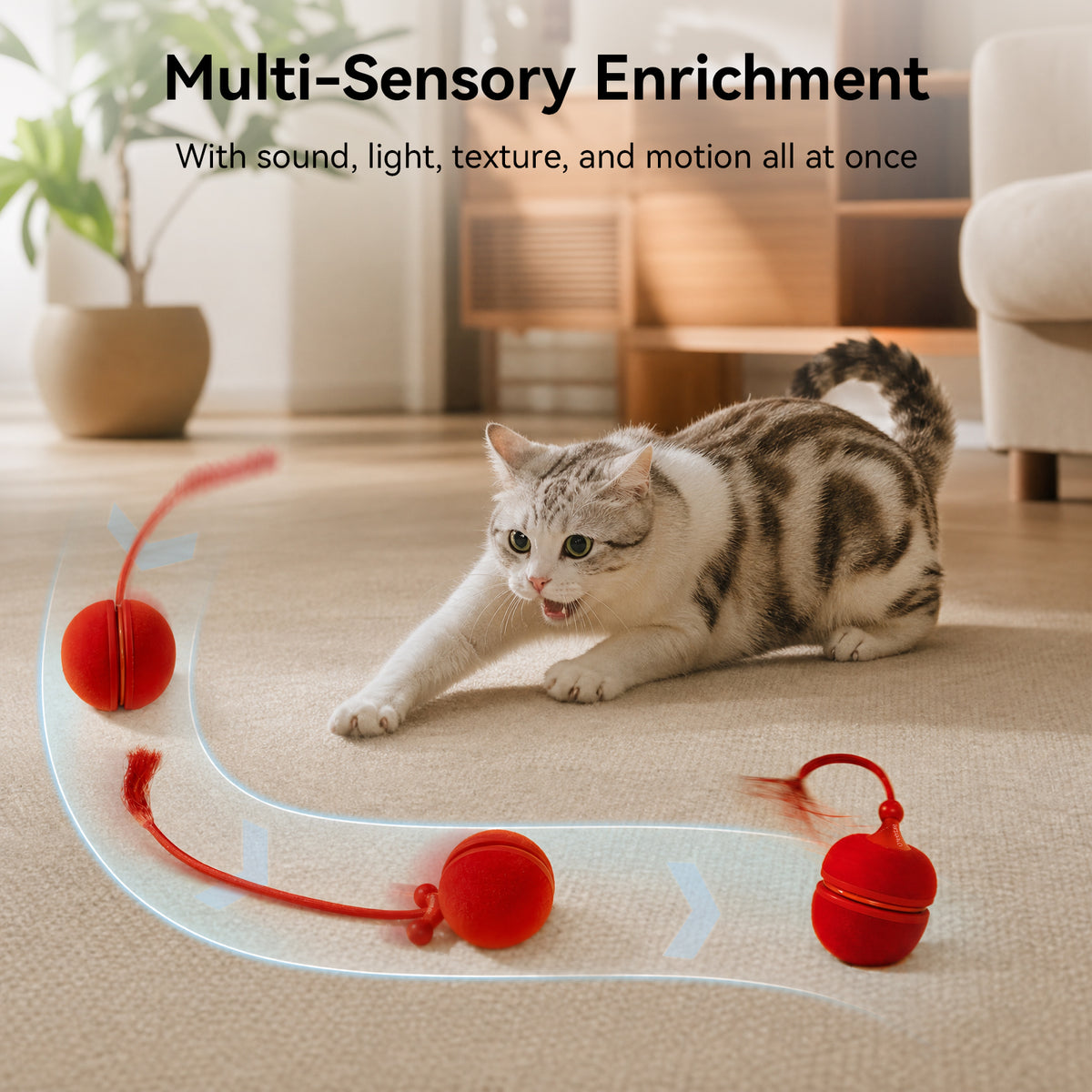 Cheerble Wicked Ball Duo2 Automatic Interactive Cat Toy with Tail & LED Light, Vintage Red — product image 3