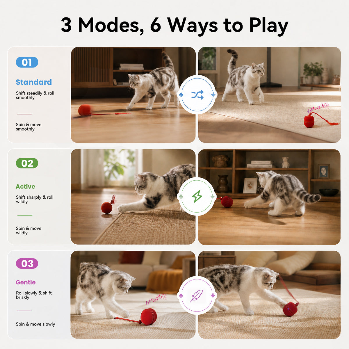 Cheerble Wicked Ball Duo2 Automatic Interactive Cat Toy with Tail & LED Light, Vintage Red — product image 6