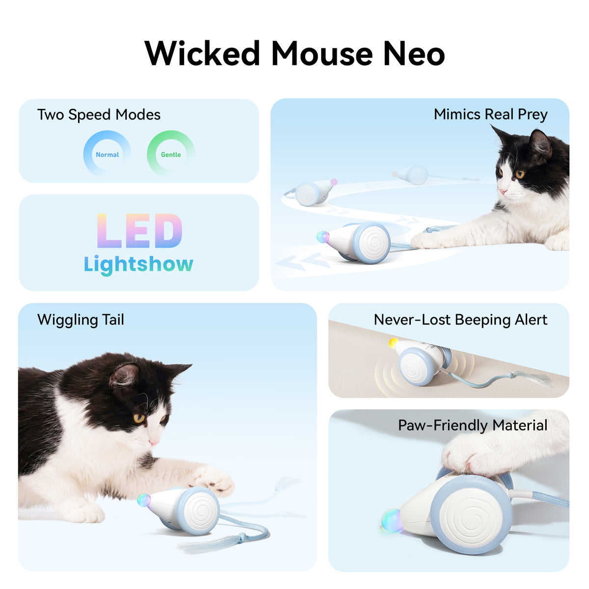 Cheerble Wicked Mouse Neo Automatic Interactive Cat Toy with Tail & LED Light, Milky Blue — product image 2
