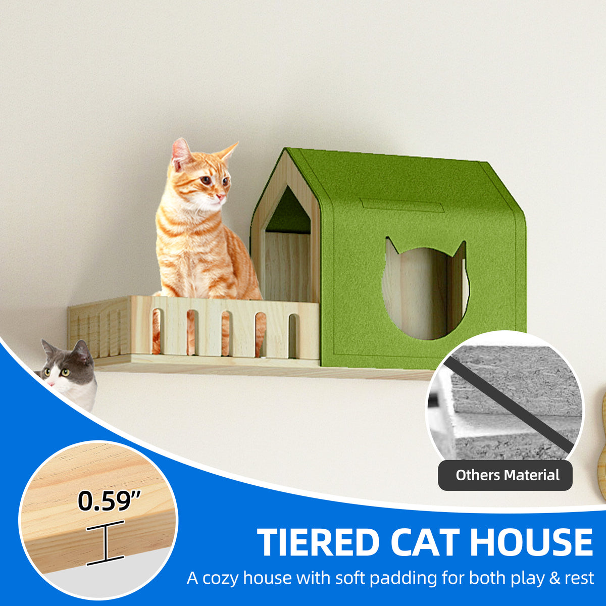 Dextrus 7-Piece Wall-Mounted Cat Furniture Set with Green House, 2 Sisal Scratching Posts & Cat-Shaped Steps – Solid Pine Wood for Indoor Cats, Space-Saving Wall Shelves — product image 10