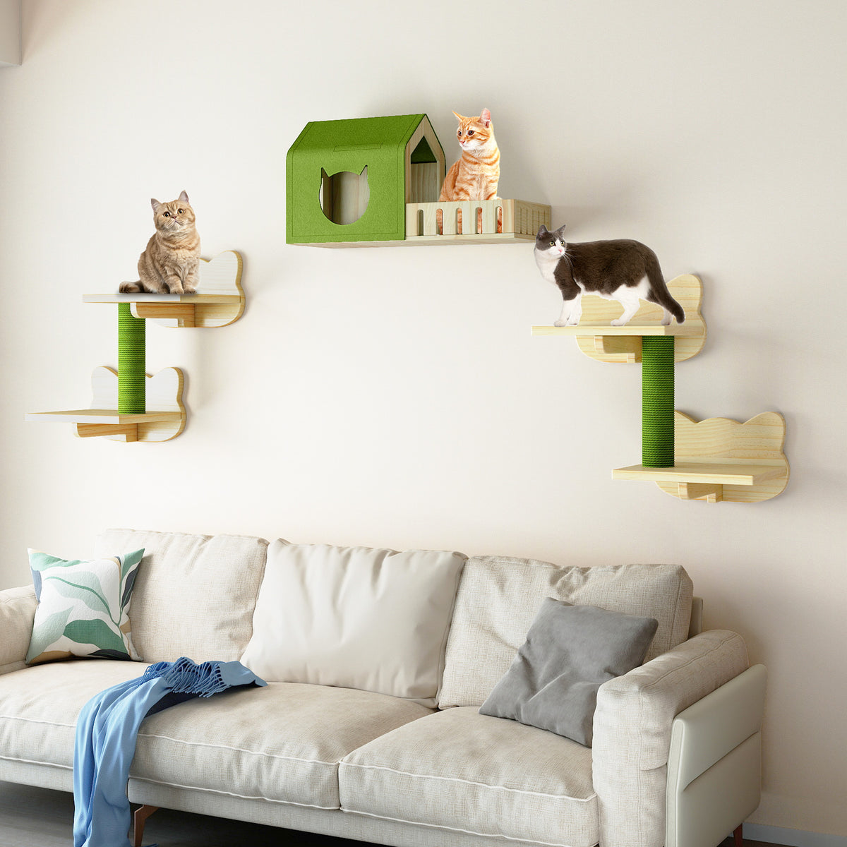 Dextrus 7-Piece Wall-Mounted Cat Furniture Set with Green House, 2 Sisal Scratching Posts & Cat-Shaped Steps – Solid Pine Wood for Indoor Cats, Space-Saving Wall Shelves — product image 2