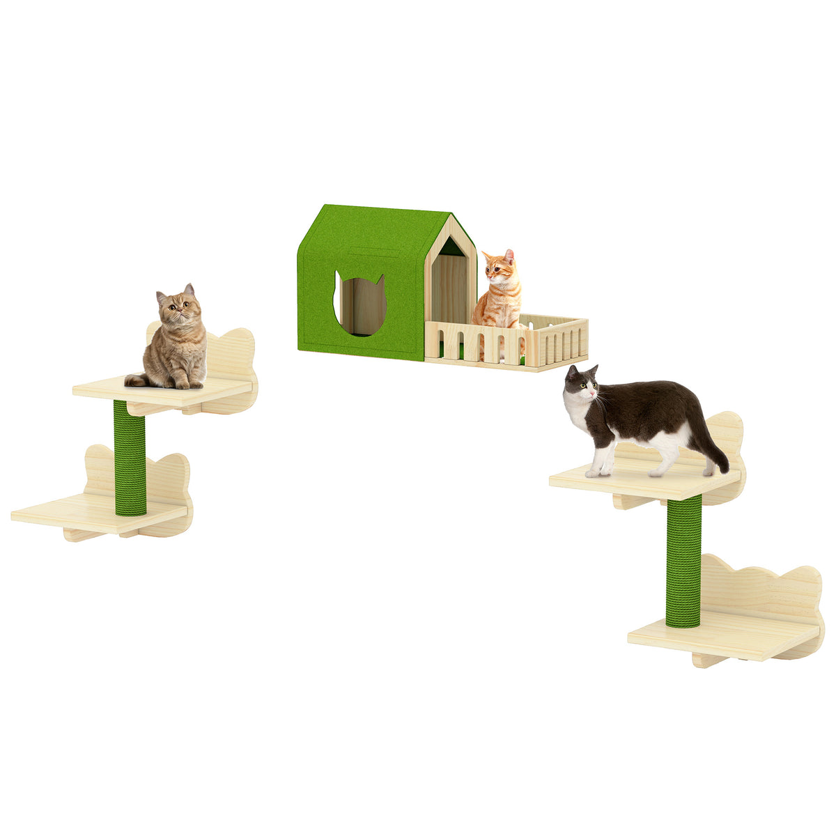 Dextrus 7-Piece Wall-Mounted Cat Furniture Set with Green House, 2 Sisal Scratching Posts & Cat-Shaped Steps – Solid Pine Wood for Indoor Cats, Space-Saving Wall Shelves — product image 3