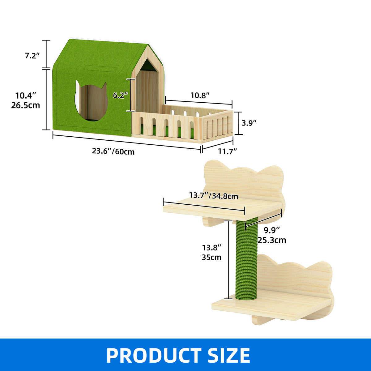 Dextrus 7-Piece Wall-Mounted Cat Furniture Set with Green House, 2 Sisal Scratching Posts & Cat-Shaped Steps – Solid Pine Wood for Indoor Cats, Space-Saving Wall Shelves — product image 4