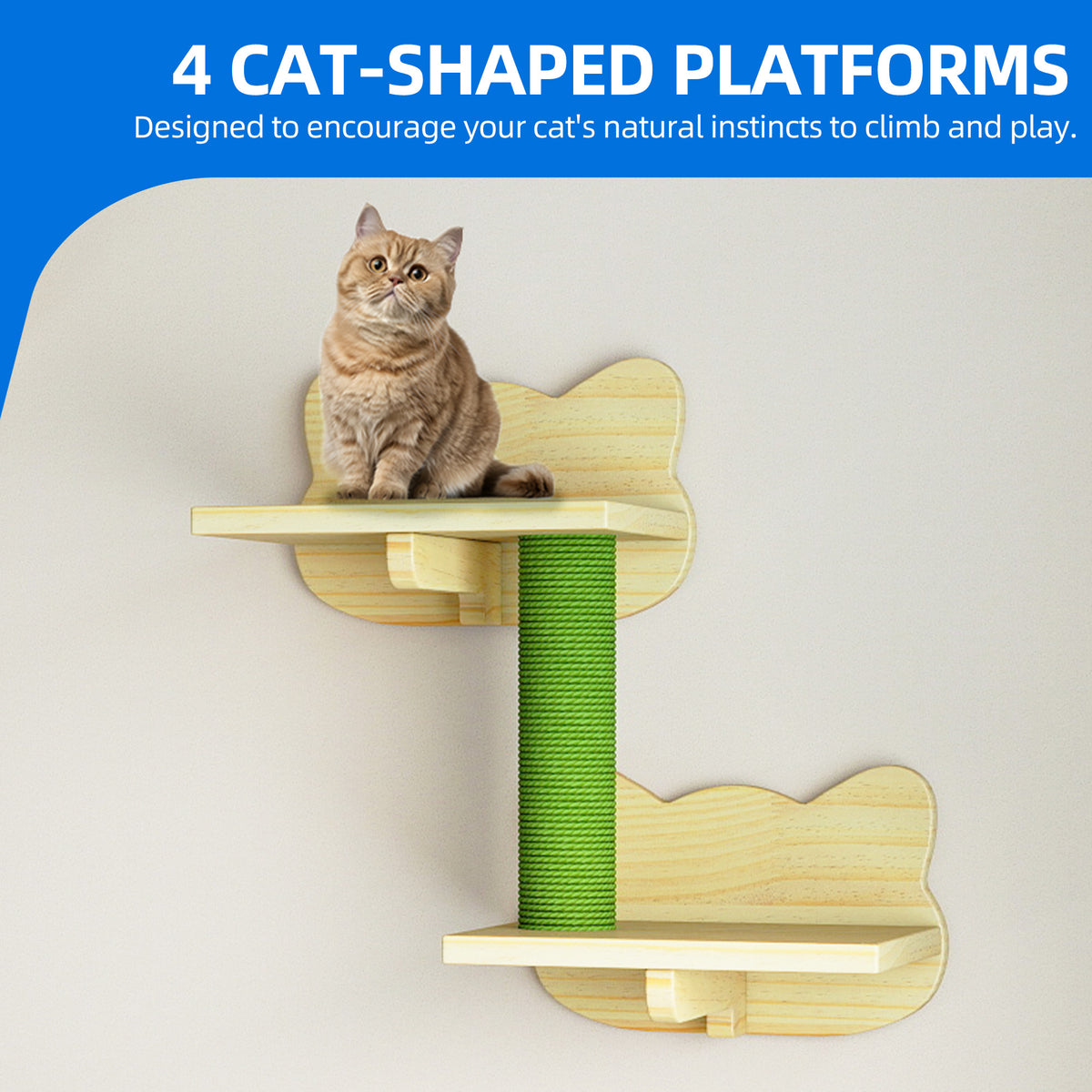 Dextrus 7-Piece Wall-Mounted Cat Furniture Set with Green House, 2 Sisal Scratching Posts & Cat-Shaped Steps – Solid Pine Wood for Indoor Cats, Space-Saving Wall Shelves — product image 8