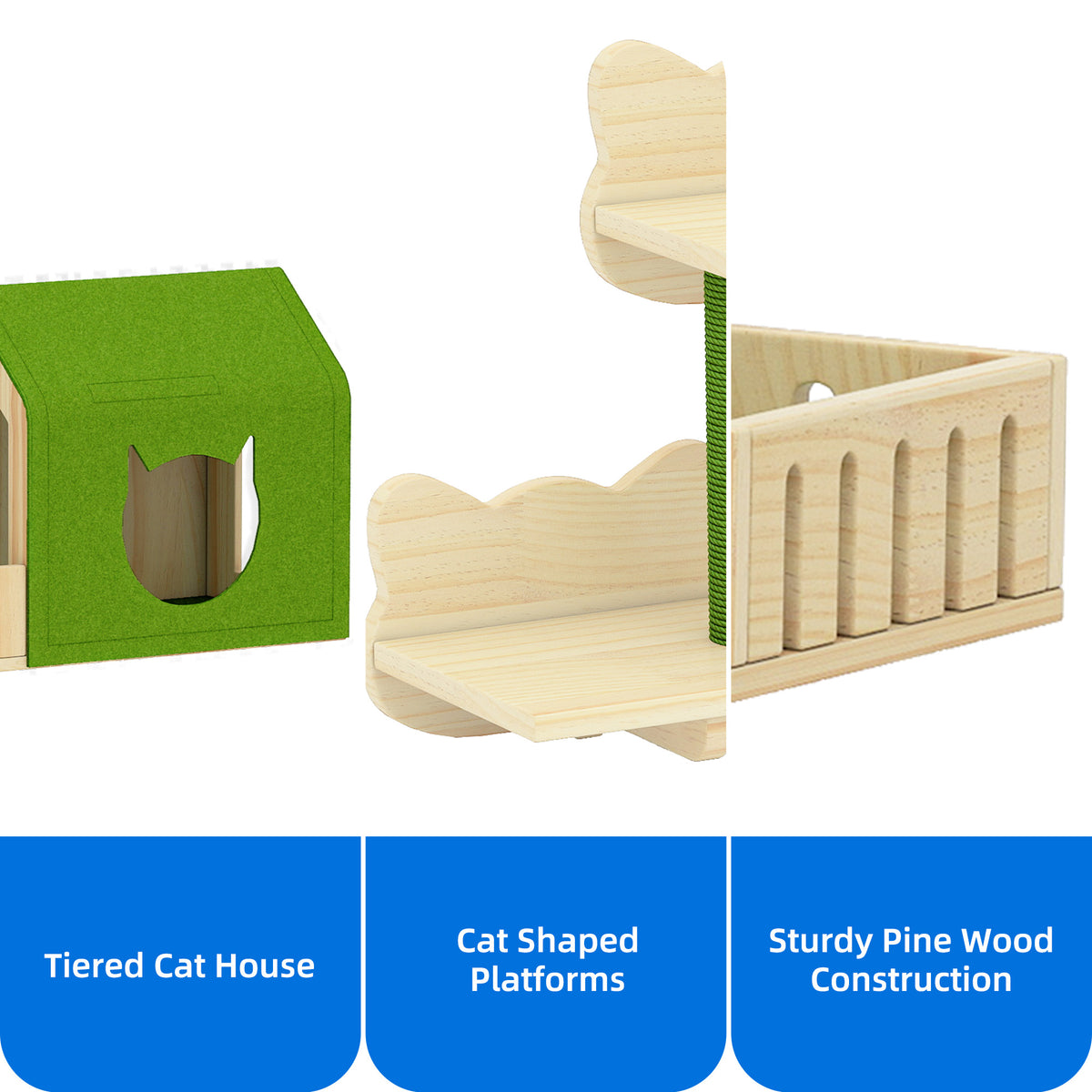 Dextrus 7-Piece Wall-Mounted Cat Furniture Set with Green House, 2 Sisal Scratching Posts & Cat-Shaped Steps – Solid Pine Wood for Indoor Cats, Space-Saving Wall Shelves — product image 9