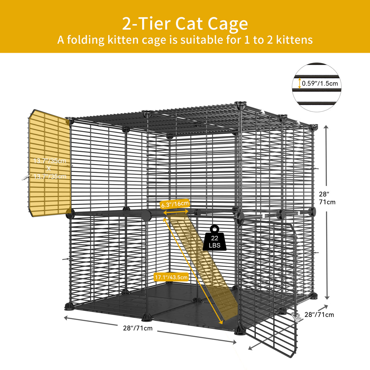 Dextrus Cat Cage 2 Tier Indoor Cat Enclosures Kitten Cage DIY Pet Playpen Metal Kennel for 1-2 Cats, Ferret, Chinchilla, Rabbit, Small Animals, Kitty, Squirrel, RV Travel, Camping — product image 3