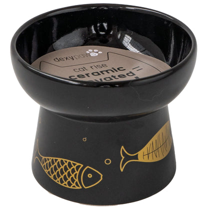Dexypaws: Elevated Ceramic Cat Bowl - Black & Gold Fish - 7oz - Pet Feeding Dish, Meals, Food & Water, Ergonomic Height, Stylish, Shallow & Raised