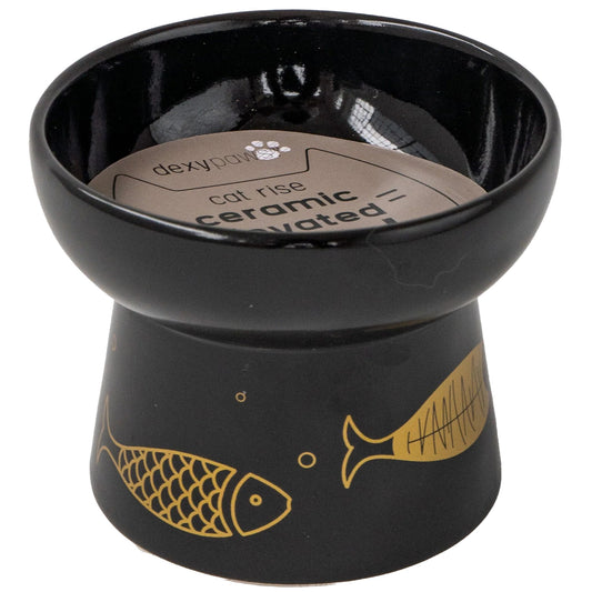 Dexypaws: Elevated Ceramic Cat Bowl - Black & Gold Fish - 7oz - Pet Feeding Dish, Meals, Food & Water, Ergonomic Height, Stylish, Shallow & Raised