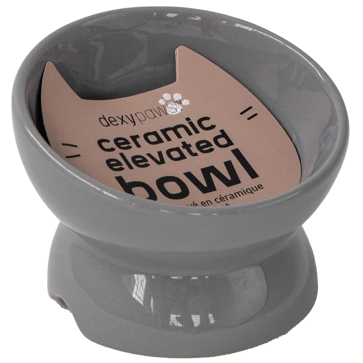 Dexypaws: Elevated Ceramic Cat Bowl - Grey - 7oz, Pet Feeding Dish, Meals, Food & Water, Ergonomic Height, Tilted & Raised, Stylish Glossy Design