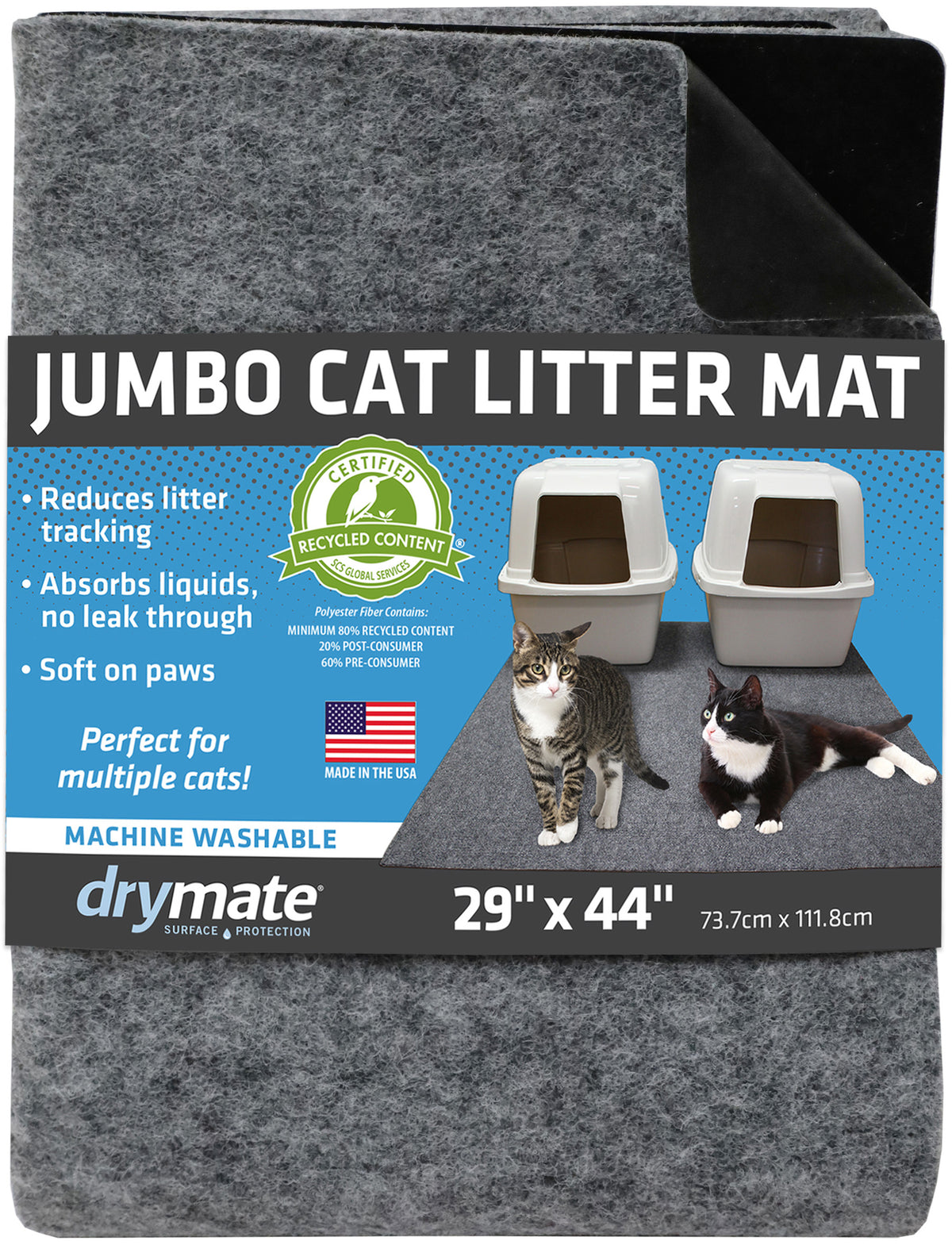 Drymate Jumbo Cat Litter Box Mat, Waterproof Urine-Proof, Absorbent, Machine Washable, Contains Mess, Soft on Paws, Kitten Supplies 29x44, Light Grey — product image 5