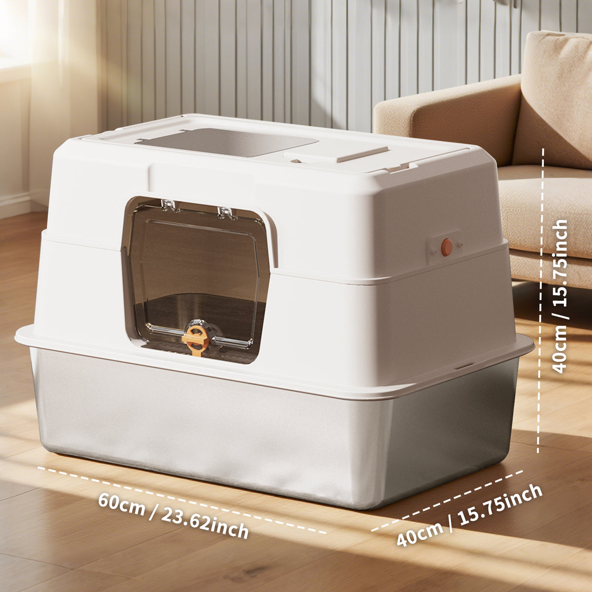 Flip-Top Enclosed Cat Litter Box, 120° Transparent Lid with Stainless Steel Tray, Activated Carbon Odor Control, Splash & Dog Proof Includes Litter Scoop and Double-Layer Mat