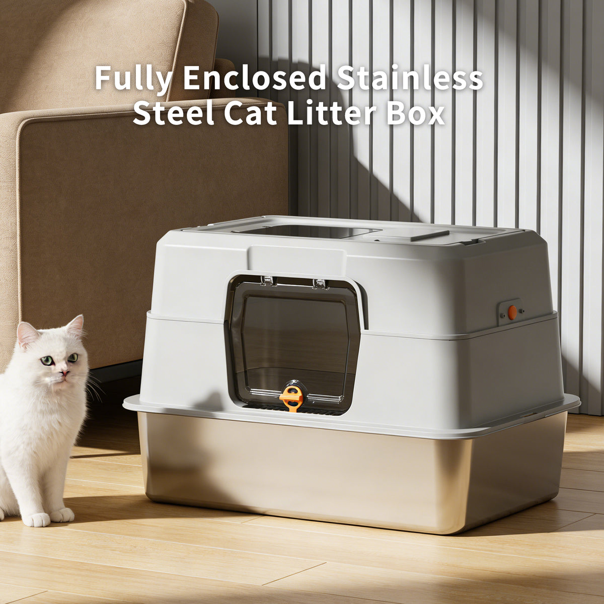 Flip-Top Enclosed Cat Litter Box, 120° Transparent Lid with Stainless Steel Tray, Activated Carbon Odor Control, Splash & Dog Proof Includes Litter Scoop and Double-Layer Mat — product image 3