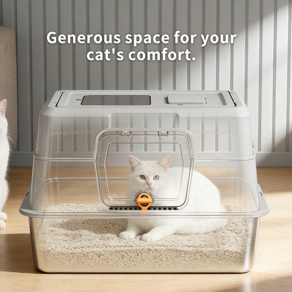 Flip-Top Enclosed Cat Litter Box, 120° Transparent Lid with Stainless Steel Tray, Activated Carbon Odor Control, Splash & Dog Proof Includes Litter Scoop and Double-Layer Mat — product image 5